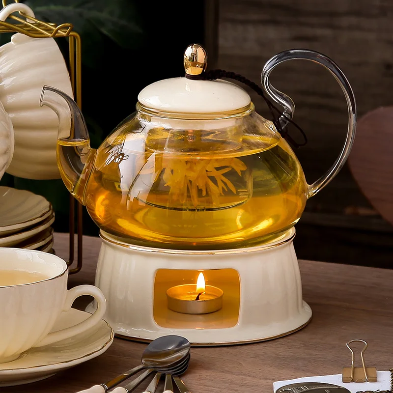 British Handle Ceramic Glass Teapot With Candle Heating Base Set European Porcelain Coffee Pot Afternoon Tea Home Decoration