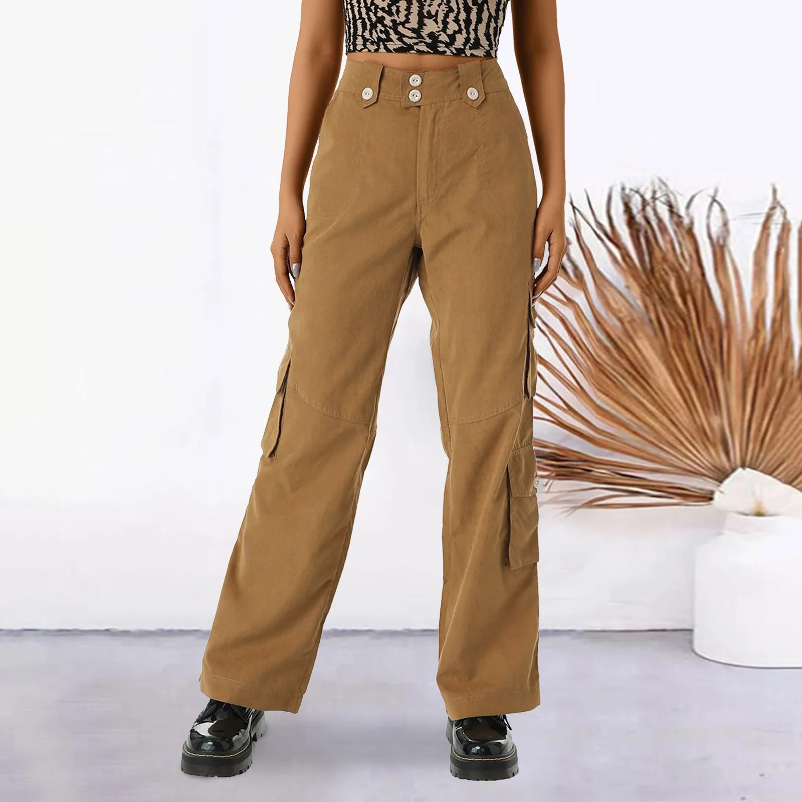 

Button Low Waist Y2K Denim Pants Women Pockets Stitching Straight All-Match Cargo Pants Vintage Casual Green Streetwear Jeans