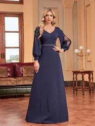 Lucyinlove Luxury Empty Long Sleeves Floor Length Formal Evening Dress Women 2024 Elegant Weedding Party V-neck Cocktail Prom