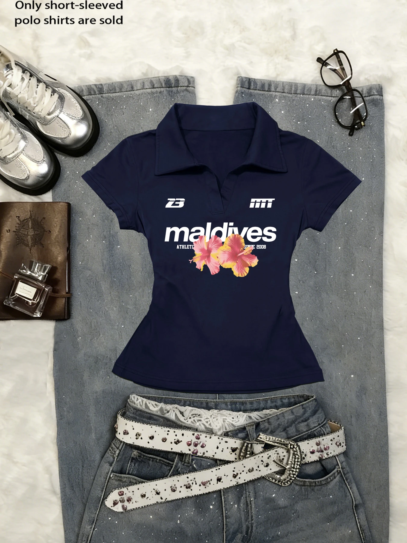 Women's short-sleeved T-shirt slim-fit polo-neck basic casual top