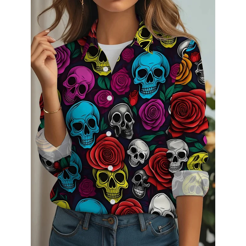 New Women'S Casual Long-Sleeve Shirt with Colorful Skull Patterns, Dark Yet Vibrant, Perfect for Holiday Gatherings AndVersatile