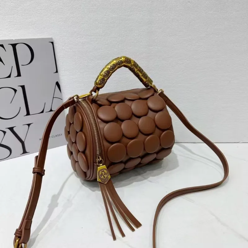 

New Design Women Retro Button Leather Handbags Luxury High-end round Tube Bucket Bag New Fashion Shoulder Crossbody Bag