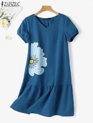 ZANZEA abiti Midi Casual con stampa floreale da donna 2024 estate per il tempo libero manica corta a sbuffo orlo arruffato Vestidos Holiday Sundress