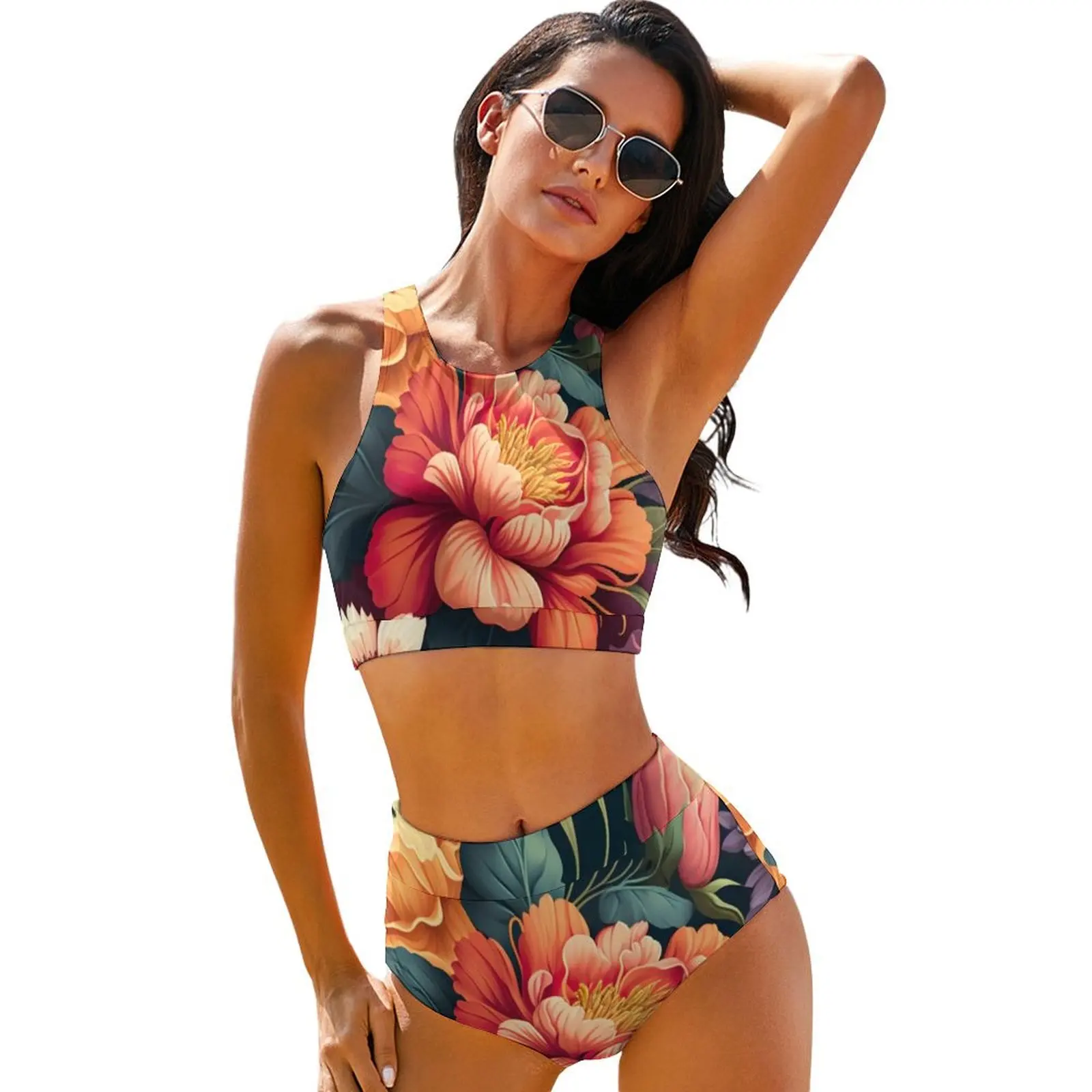 

Sexy Floral Print Bikini Swimsuit Vibrant Flower Swimwear High Waist Aesthetic Bikini Set Tank Top Feminine Bikinis Plus Size