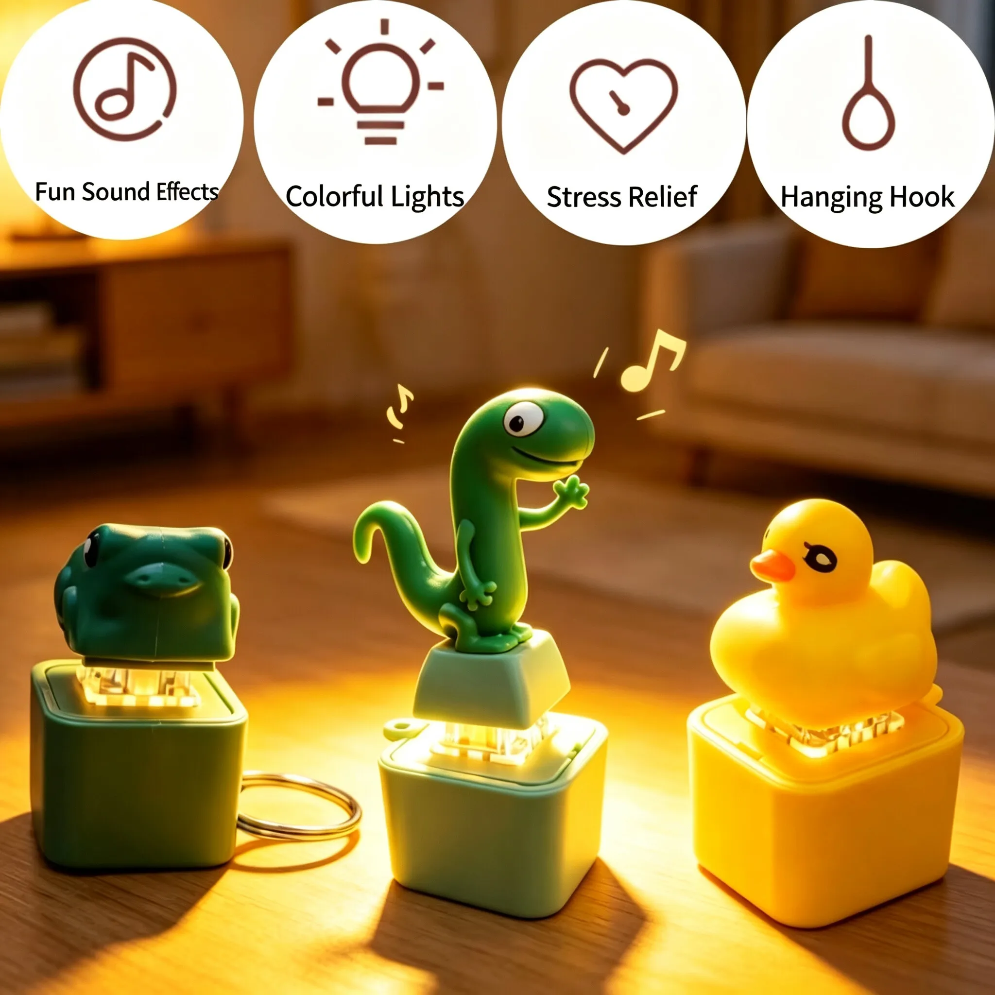 Funny Stress Relief Keychain with Colorful Lights Rechargeable Lizards Keychain Fun Lizards Sound Button Toy for Adults and Kids