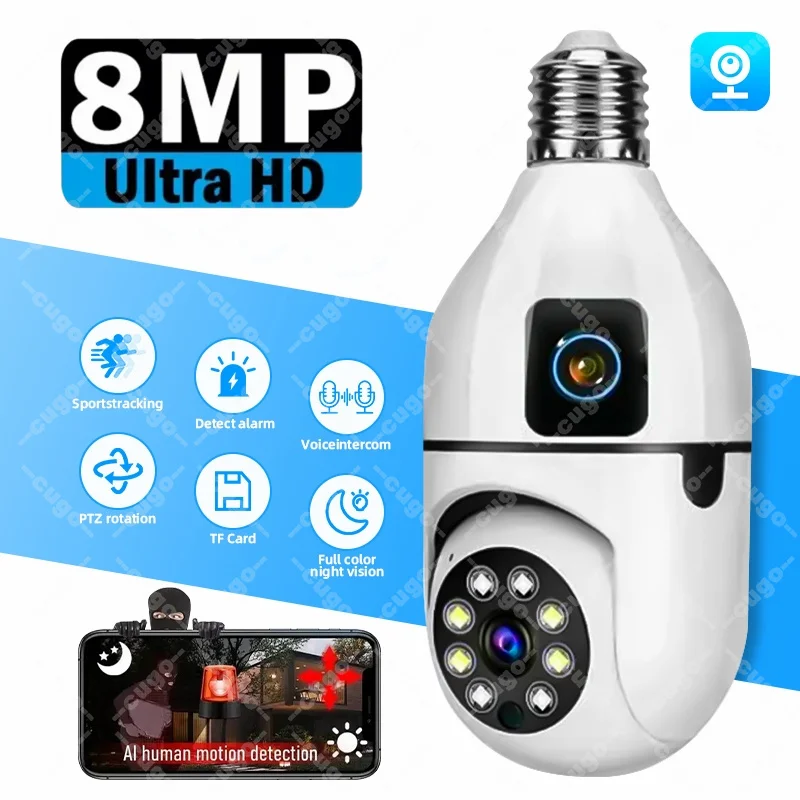 

8MP E27 Bulb Surveillance WIFI Camera AI Human Tracking Full Color Night Vision 8X Zoom Indoor Wifi Camera Security Baby Monitor
