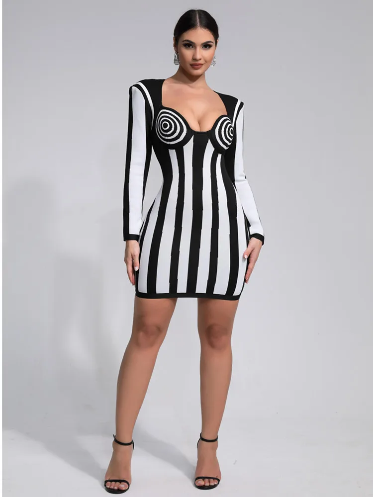 Women Celebrity Luxury Sexy Long Sleeve Jacquard Black White Mini Bandage  Dress 2024 Knitted Elegant Evening Club Party Outfit - AliExpress 200000345