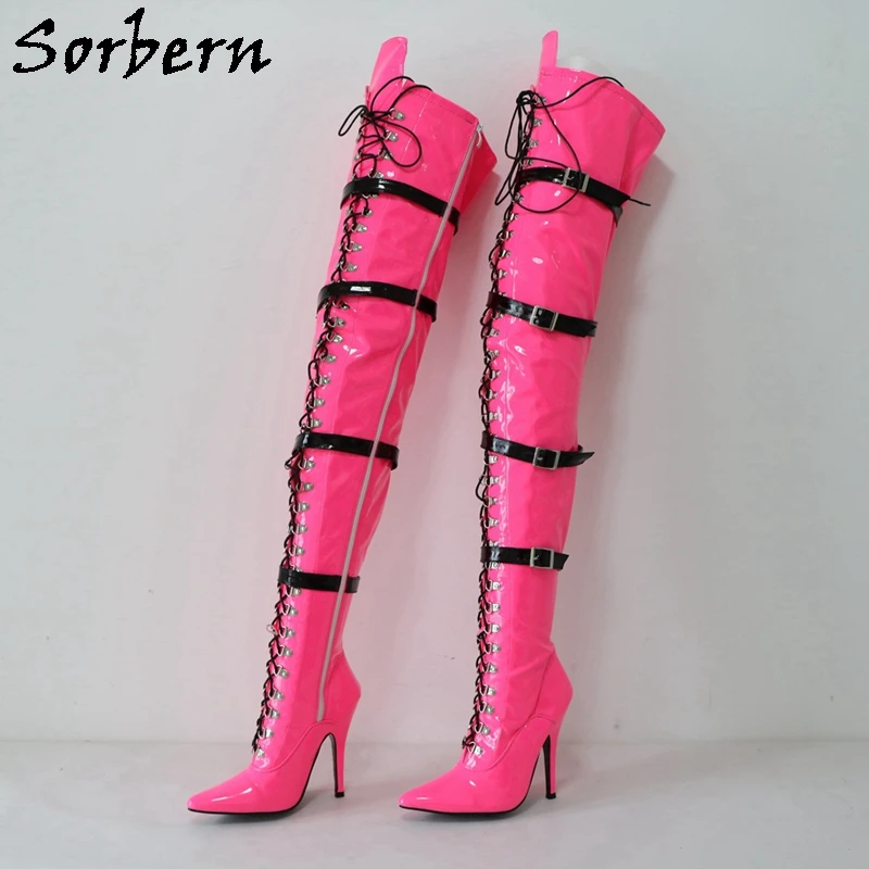 Sorbern Neon Pink Thigh High Boots Women Fetish Shoes 12Cm High Heel Stilettos Pointed Toe 4 Straps Custom Slim Or Wide Legs Fit