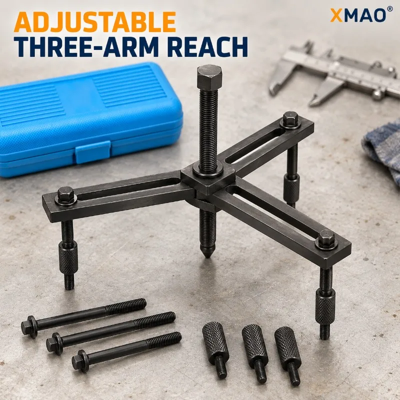 Crankcase Splitting Tool for Motorcycle Engine Repair, 3 Slotted Arms with Central Press Screw, Mounting Bolts and Storage Case