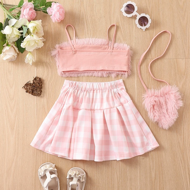 Girls Summer Outfit Sleeveless Camisole Top with Plush Detailing and Elastic Plaid Pleated Skirt Complete with Crossbody Bag