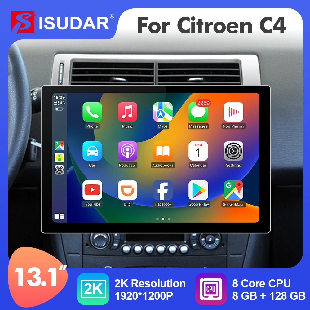 

ISUDAR 13.1 Inch Android 12 Car Radio For Citroen C4 C-Triomphe C-Quatre GPS 2K Multimedia Player Stereo 4G 8 Core Carplay auto