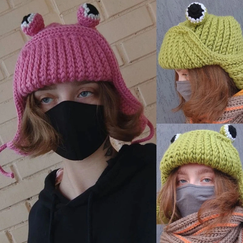 Knit Earflap Beanie Crochet Hat Cute for Frog Eye Hat Knit Bomber Hat Little Devil Hat Big Eye Beanie Knitted Trapper Hat