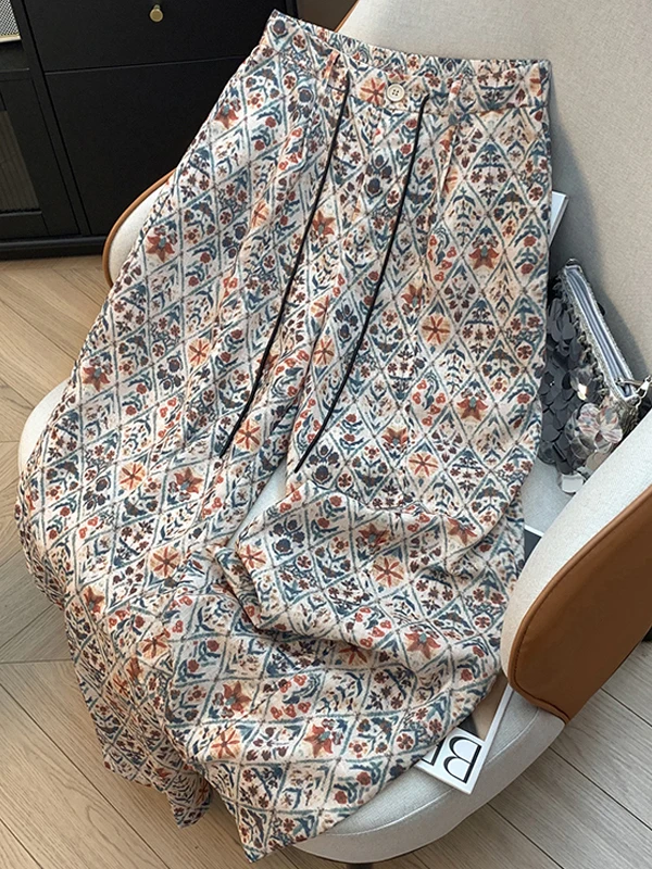 Retro Floral Wide Leg Pants Women's Loose Elastic Waist Slouchy Straight Leg Trousers Autumn New Style Casual High Waist