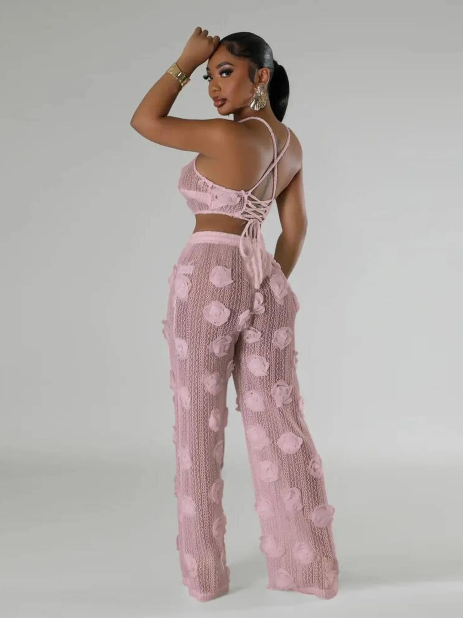 

Сексуальный кружевной укороченный топ с 3D цветочным принтом и широкие брюки с высокой талией для женщин, современный танцевальный сценический костюм, элегантный костюм из двух предметов