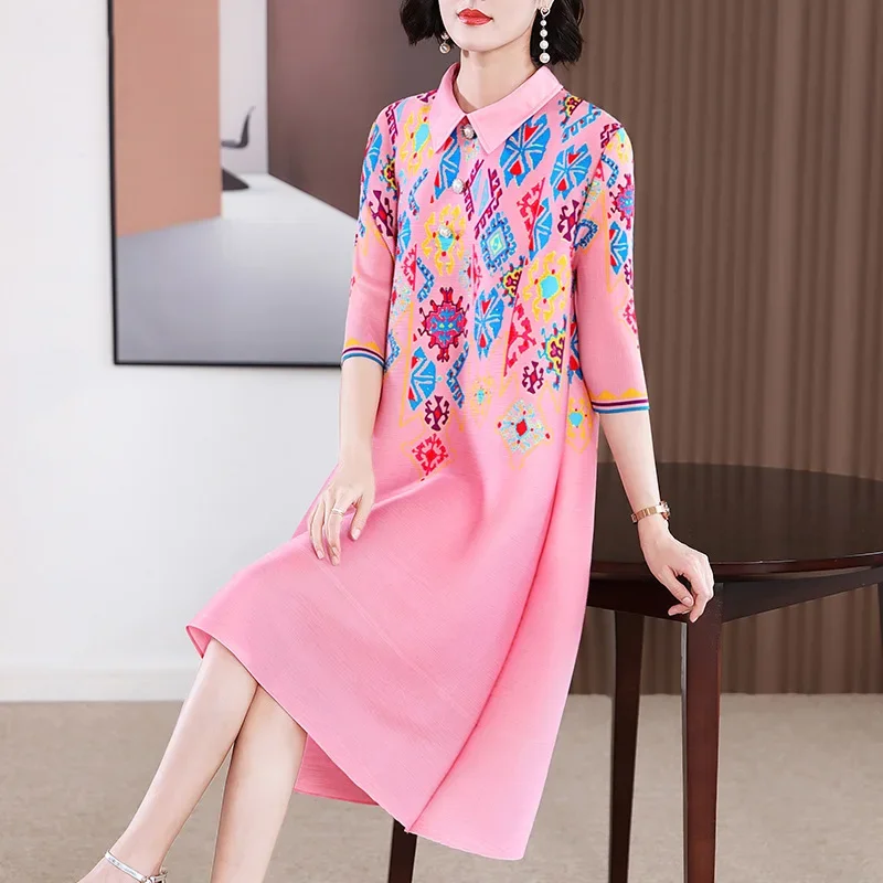 

Miyake Pleated Dress for Women 2024 Summer New Fashion Printed Lapel Three-quarter Sleeves Loose and Elegant Mid-length Skirt