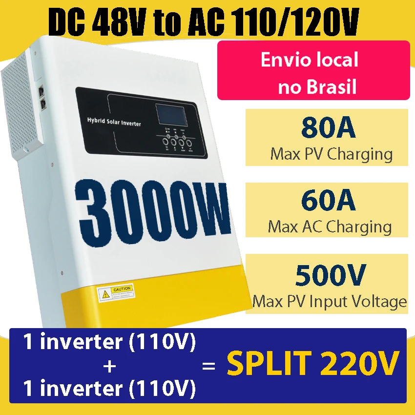 3000W 48Vdc Hybrid Solar Inverter 120V/240V AC Split Phase Inverter With 80A MPPT Controller 500VPV Energy Storage Can Parallel