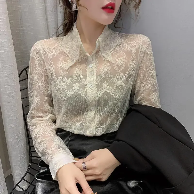 

Lace Bottomed Blouse with Mesh Inside 2021 Spring and Autumn Fine European Lapel Shirt Foreign Style Top Long Sleeve Blouse