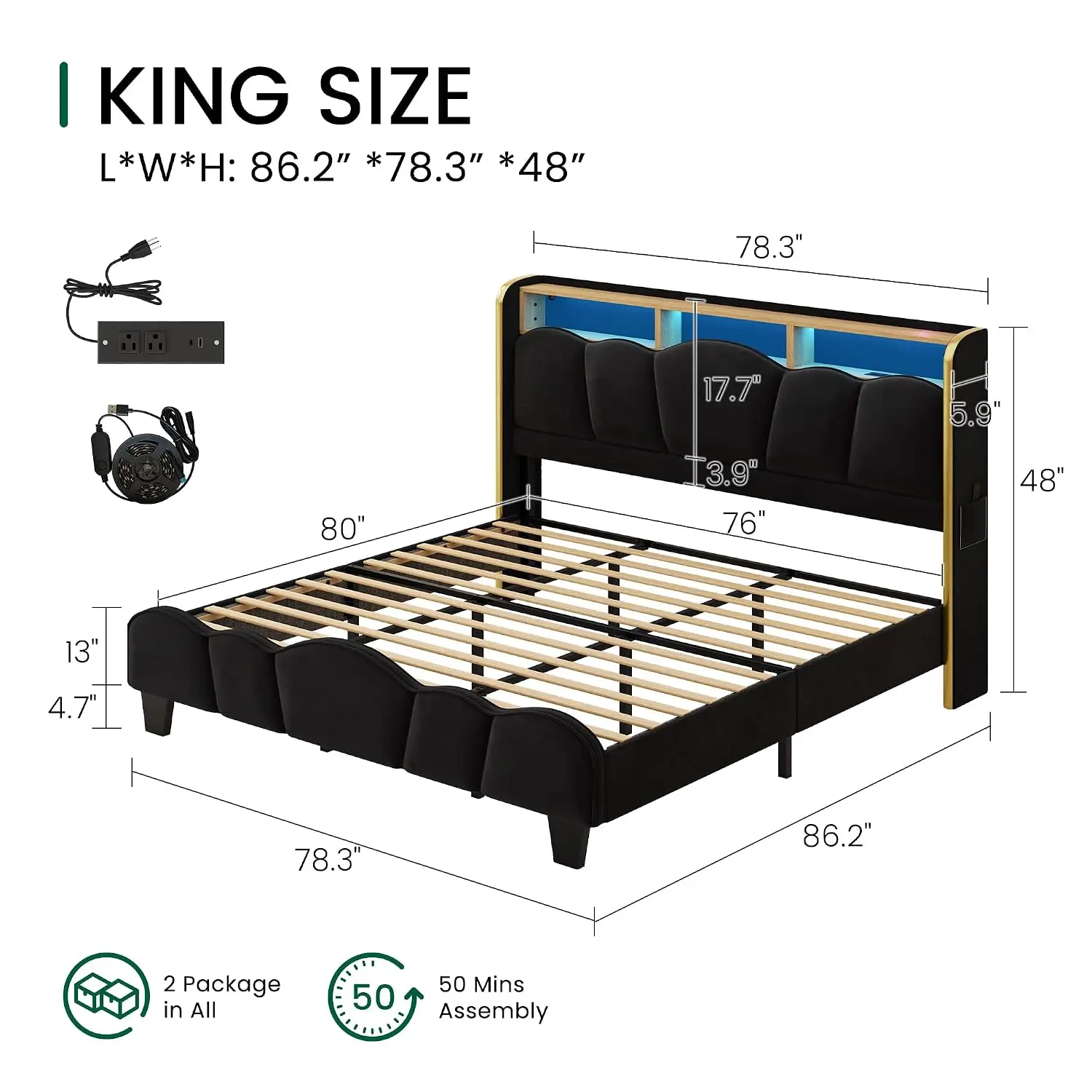 King Bed Frame Storage Headboard LED Light USB Charging Station, Customized