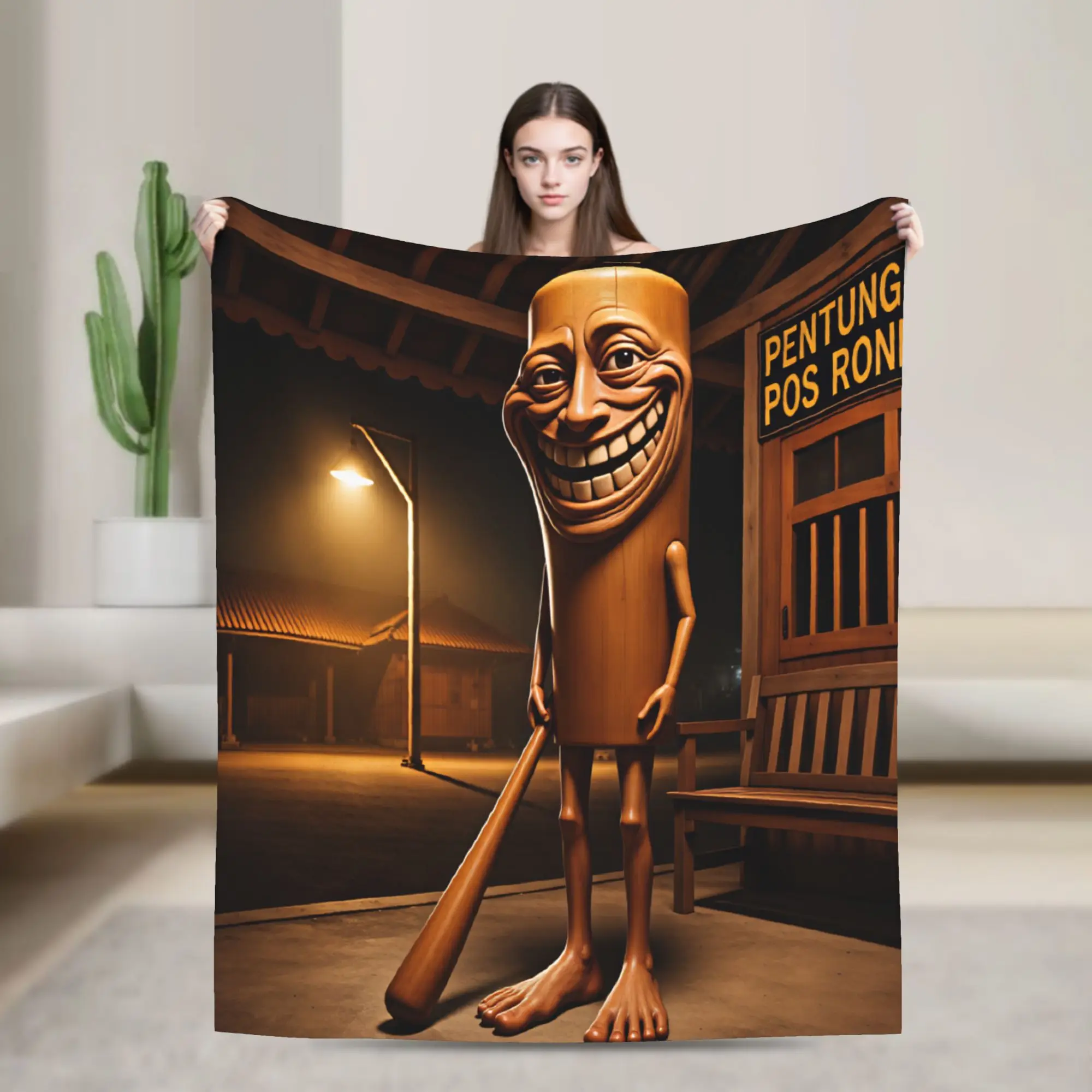 Cozy Throw Blanket Picnic Tung Grin Wooden Character Night Station Bat Blanket Flannel Bedspread For Couch Chair Sofa Bed Cover