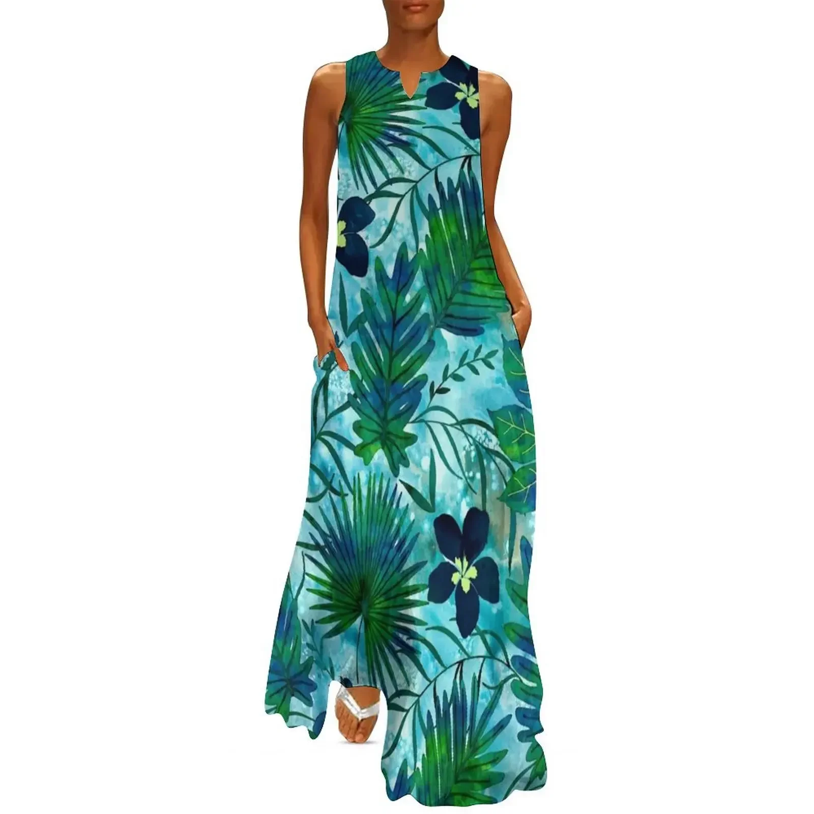 

Nalani Hawaiian Tropical Garden - Turquoise Long Dress Dress woman Long dress dresses for special events