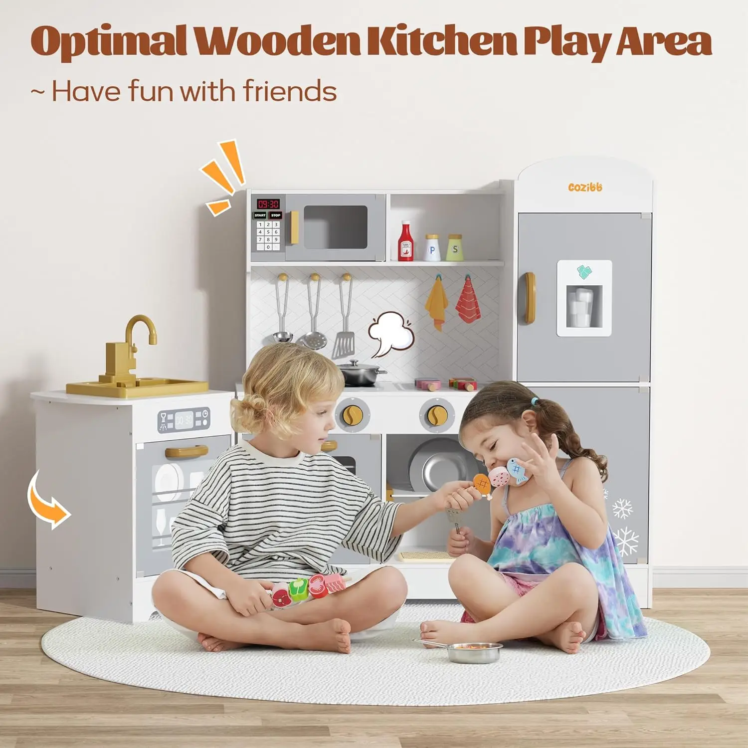 Wooden Pretend Play Kitchen Set, Realistic Oven Faucet Microwave Ice Maker Bbq, With Lights & Sounds Features, 21 Accessories,