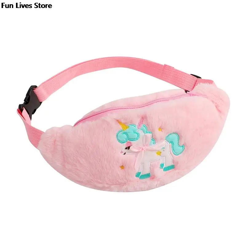 Unicorn Plush Waistpack Cartoon Children Soft Waist Bags Mini Chest Pack Winter Faux Fur Purse for Kids Travel School Handbags