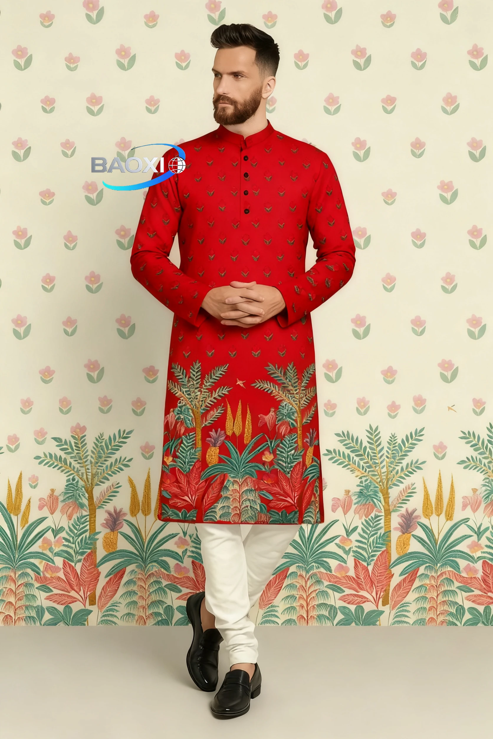 Kurta Eenha com estampa digital masculina equipada com gola mandarim estilo longo adequado para todas as ocasiões, como casamentos