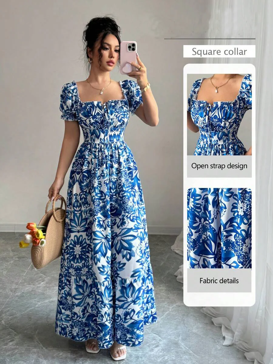 Robe élégante bleue à imprimé floral pour femme avec manches bouffantes, longue, décontractée, pour les vacances, avec nœud devant et taille froncée à l'arrière