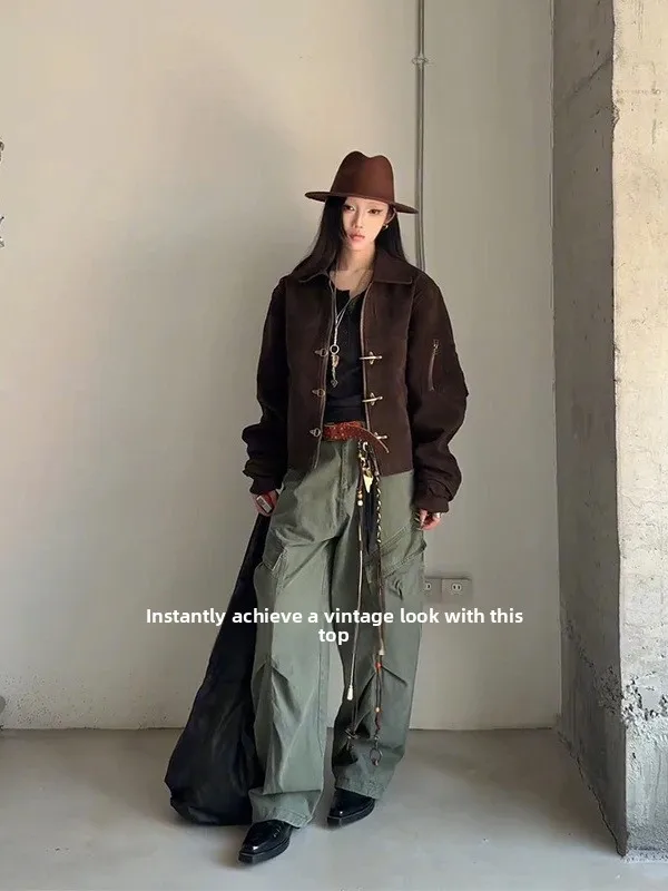 

Мужская куртка в стиле ретро с авиационными элементами, широкое мотоциклетное пальто, модный верх для осени, с эффектом потертости и дизайнерскими вставками