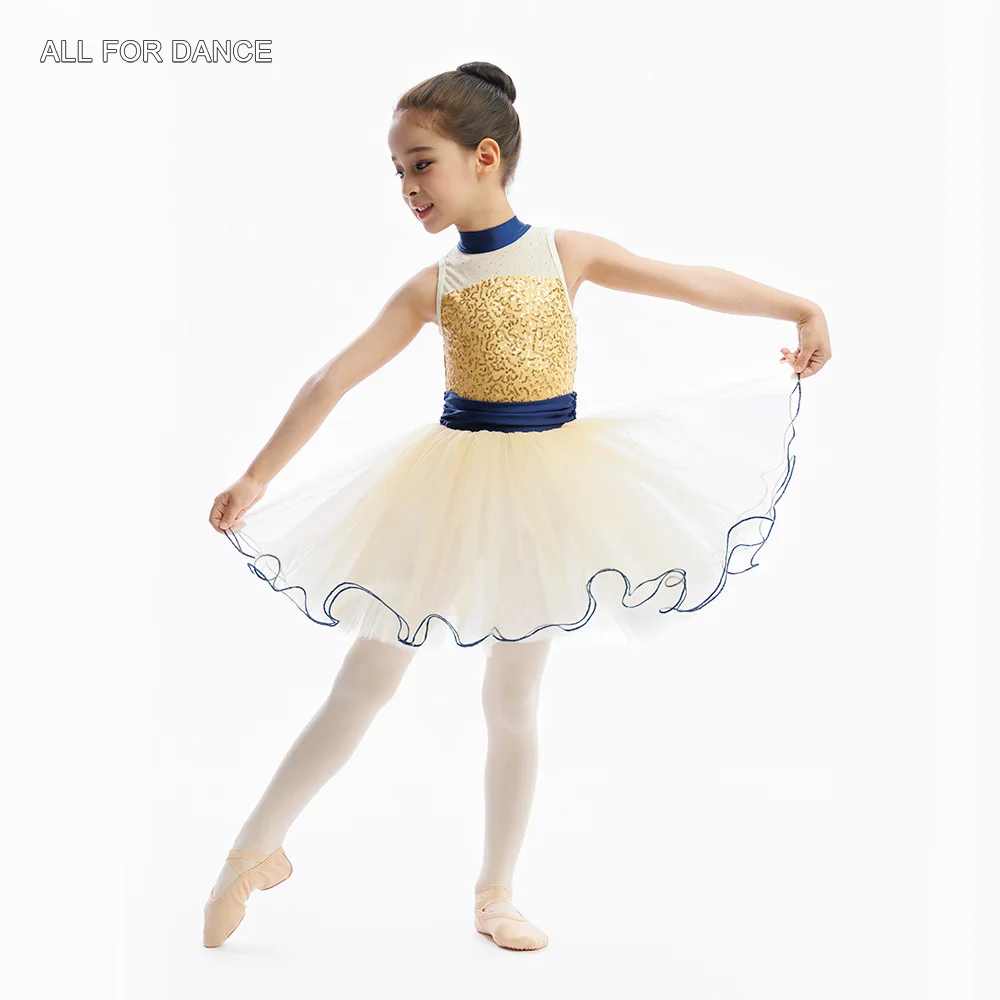 

Детские балетные юбки-пачки C25155 с золотыми пайетками и топом из спандекса для девочек, костюмы для балетных выступлений на сцене