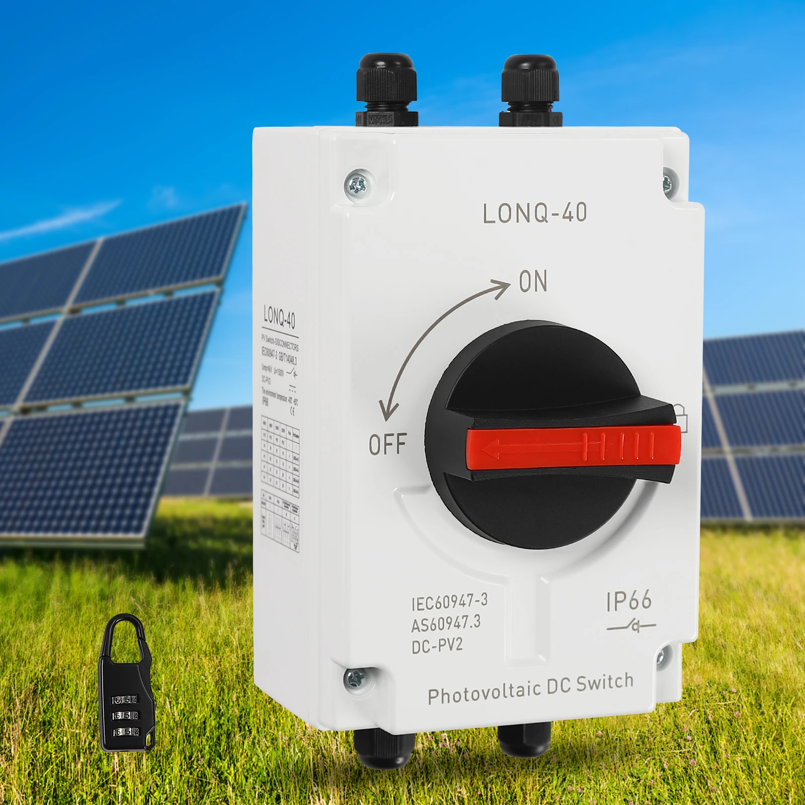 สวิตช์ตัดวงจรไฟฟ้ากระแสตรงแบบ 4 ขั้ว 1200VDC 32A, ฉนวนกันน้ำระดับ IP66 แบบหมุน พร้อมขั้วต่อ MC4 และตัวล็อค สำหรับแผงโซลาร์เซลล์