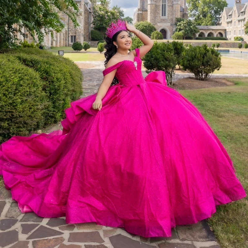 

Rose Red Shiny Quinceanera Dresses Off The Shoulder Beads Corset Tull Party Birthday Ball Gown Vestidos De 15 Anos Sweet 16