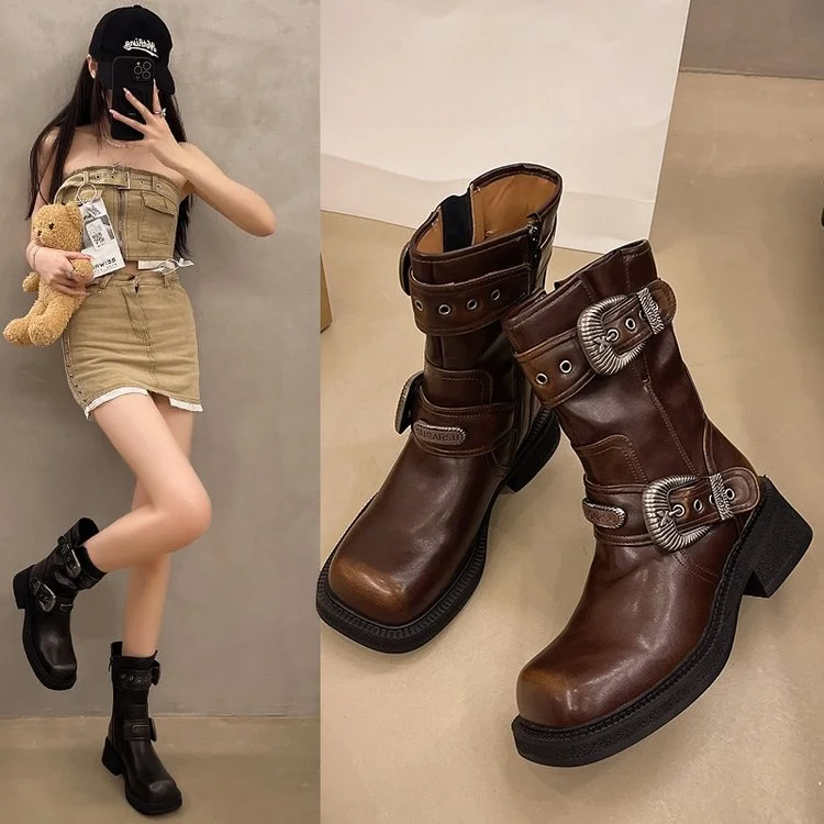 fashionable-western-cowboy-boots-women's-belt-buckle-short-boots-autumn-winter-thick-heel-polishing-shoes-round-toe