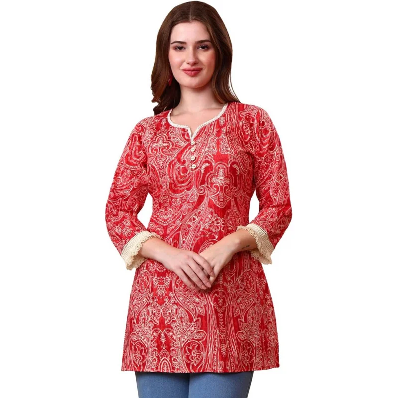 

Women's Cotton Slub Yellow Floral Printed Lace Work Tunic Kurti