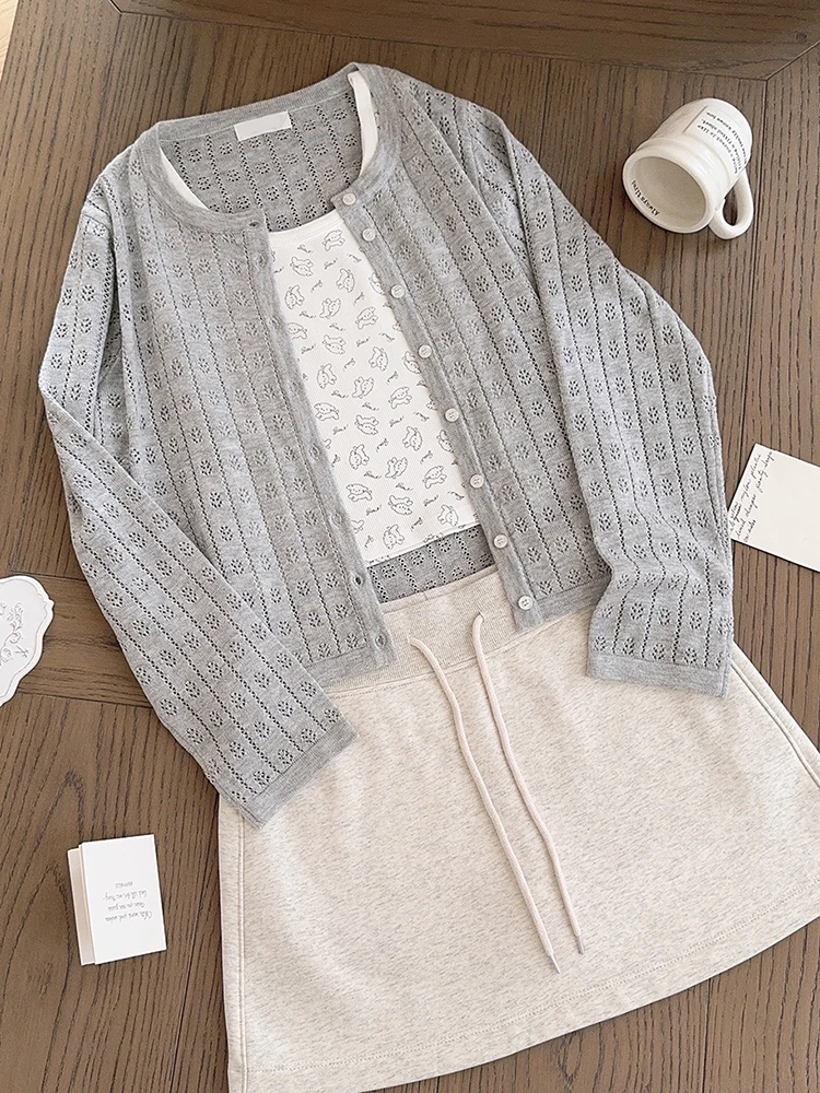 Cute Knitted Cardigans Women Summer 2024 Hollow Out Long Sleeve Loose Sweaters for Sweet Girls Kawaii Clothes