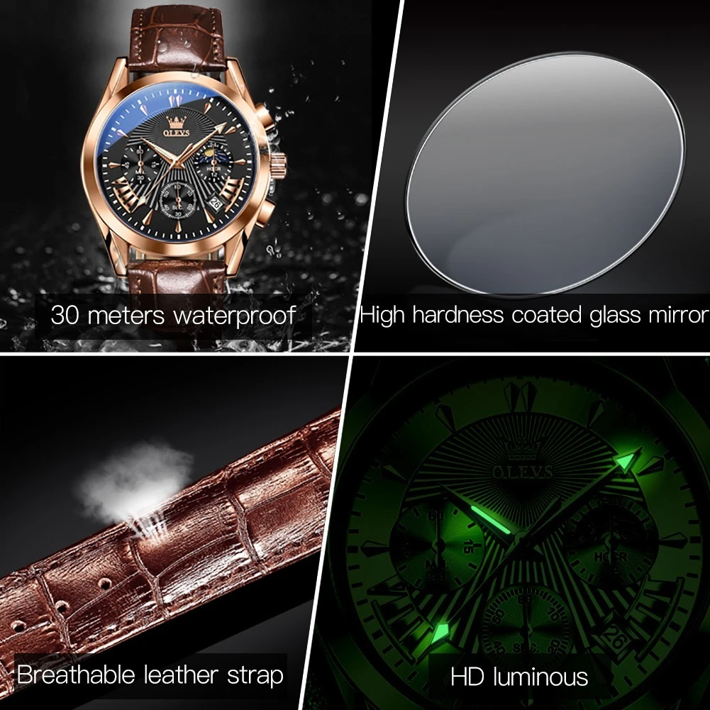 OLEVS 2876 Sport Quartz Watch Gift Genuine Leather Watchband Round-dial Wristwatch