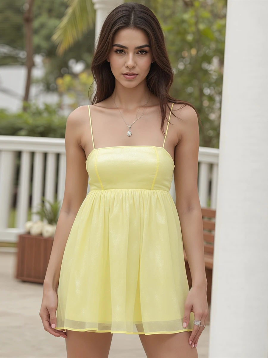 New Fashion Womens Summer Mini Cami Dress Sleeveless Open Back Solid Color Floral Spaghetti Strap Dress Hot Sale S M L