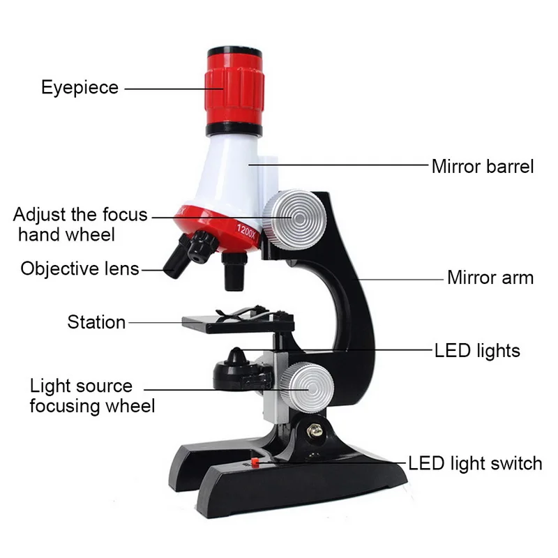 Kids Microscope Kit Science Lab LED 100-1200X Biological Microscope Home School Educational Toys Children Optical Instruments