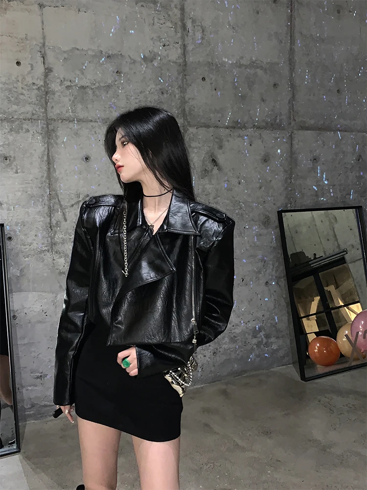 2023年春新作 Sle レディース ルーズ ブラック バイクジャケット レザーコート スイート クール バイカー服 ラウンドネック ロングスリーブ