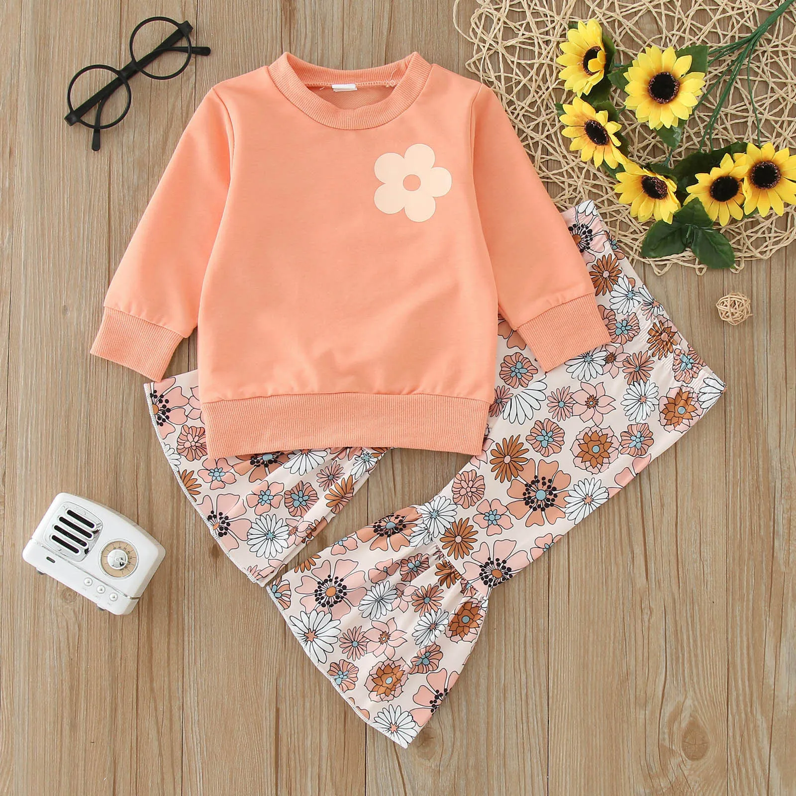 

Hoodies And Pants Toddler Girls Long Sleeve Winter Flower Prints Tops Pants Outwear For Babys Clothes Fashion Cute Sleeve