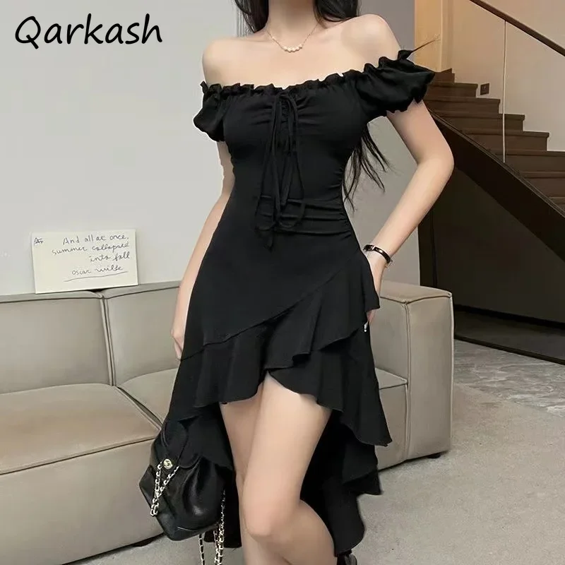 

Women Dresses Slash Neck Irregular Ruffles Solid Lace Up Slim Waist Bodycon Sexy Princess Creativity All-match Korean Style Y2k