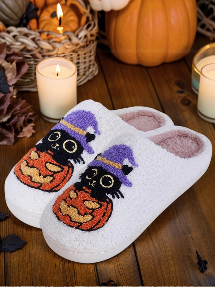 أسود القط اليقطين الدافئة الانزلاق على أحذية منزلية مريحة الحرارية زوجين النعال عدم الانزلاق غامض مغلق تو النعال لفصل الشتاء