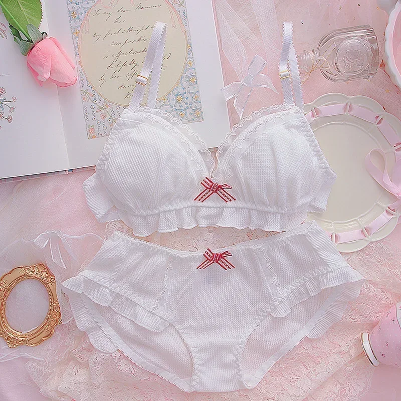 Sweet Bras Undewear Set Japanese Kawaii School Girl Breathable Cotton Push Up Cute Intimate Lace Floral Lolita Bow Lingerie 2024