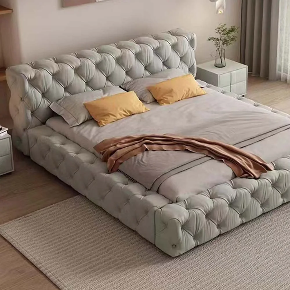 

European Design Light Luxury Bedroom Furniture Velvet Fabric Wooden Headboard Queen King Size Bed With Storage