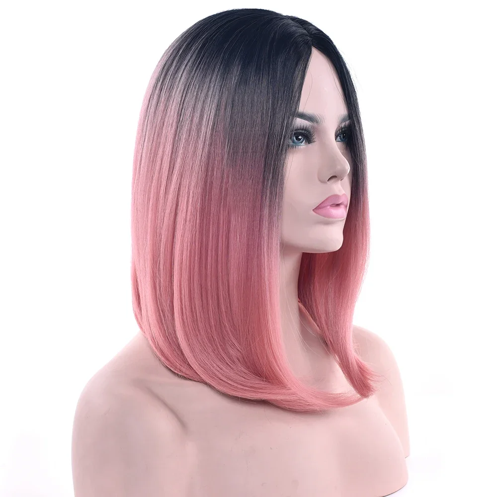 Soowee 11 Colors Black To Pink Ombre Hair Straight Bob Wigs Synthetic Hair Short Party Hair Cosplay Wig for Women