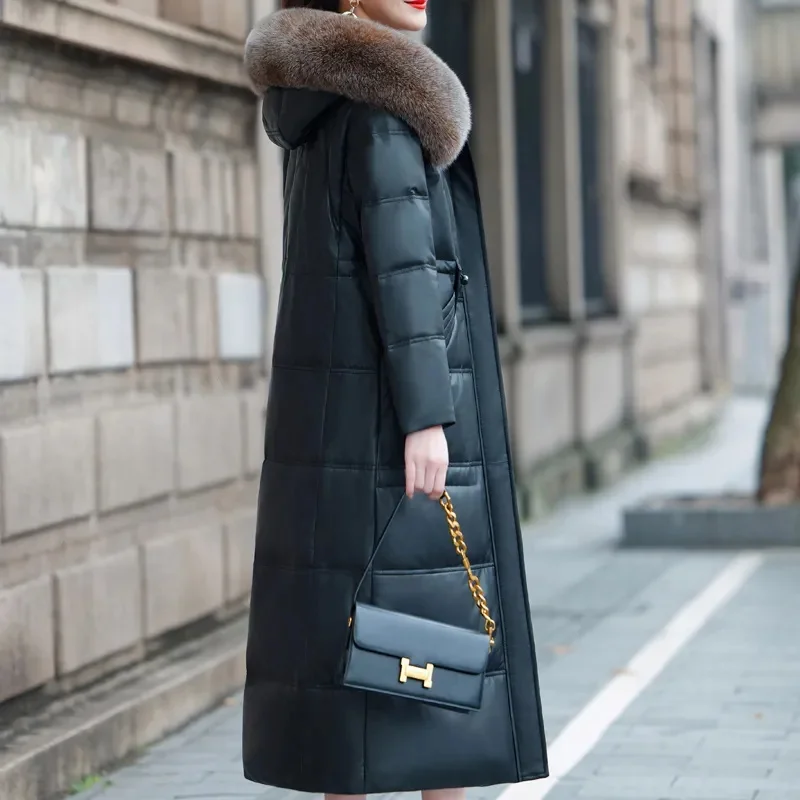 2025 Fashion Leather Parkas Women's Winter Cotton-padded Coat X-long Overcoat Hooded Fur Collar Outerwear Streetwear PU Jackets