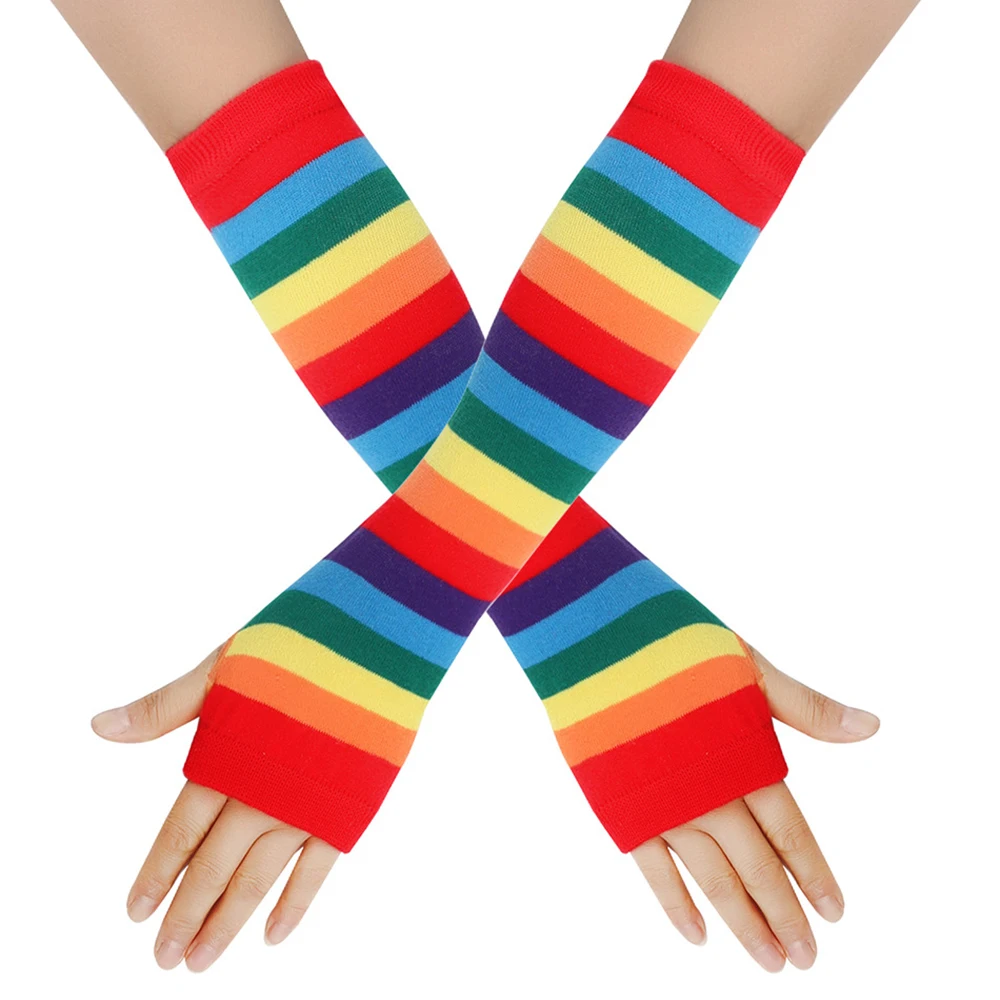 1 Pair Women Rainbow Striped Elbow Gloves Long Fingerless Gloves Striped Knitted Elbow Mittens Cotton Wrist Sleeves Arm Warmer