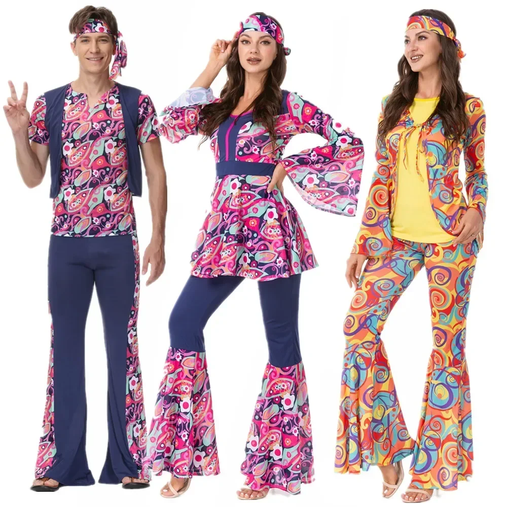 

Hippie 60s 70s Disco Costume for Women Men Cosplay Floral Print Top Pants Patchwork Suit Headband Set Female Fancy Dress Up