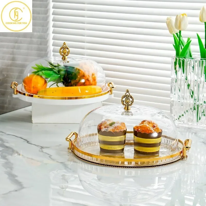 

11.8 Inch Plastic Cake Tray with Clear Cover Bread Fruit Dessert Storage Plate Display Tray Household Decorative Service Tray