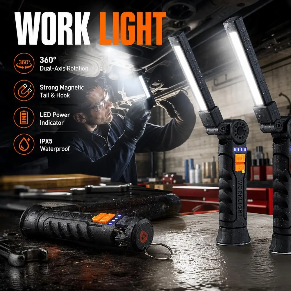 Portable COB LED Flashlight USB Rechargeable Work Light Magnetic Lanterna Hanging Lamp with Built-in Battery Camping Torch